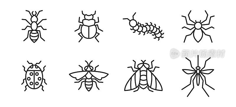 设置Bug行图标。蚂蚁，蚊子，蜘蛛，黄蜂，苍蝇，瓢虫，蜜蜂，毛毛虫。向量EPS 10